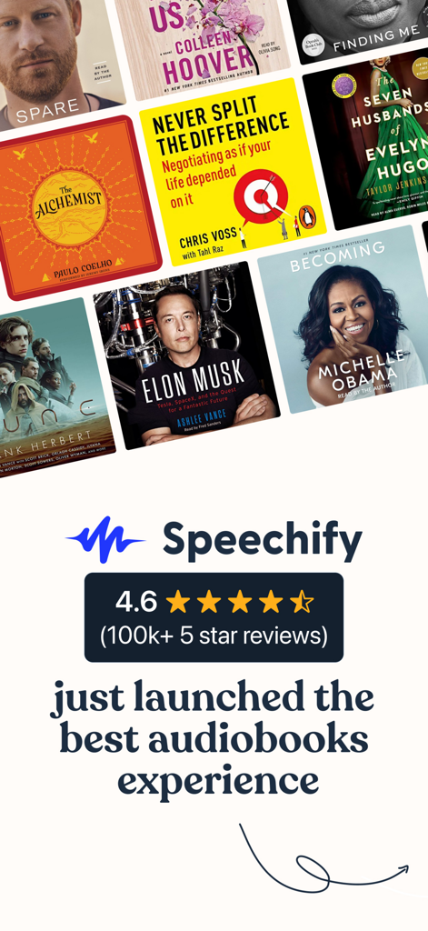 Speechify Books: Read & Listen - Speechify Books app display featuring a 4.6 star rating and a collection of popular audiobook titles