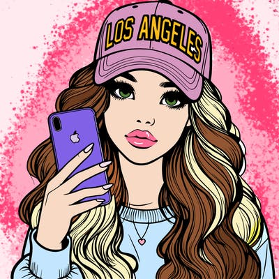 realistic beautiful girl wearing los ángeles cap holding an iphone