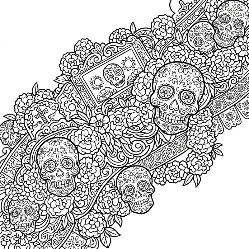 Embark on a captivating coloring journey with this unique Day of the Dead design, showcasing an ornate path adorned with festive sugar skulls and marigolds. This intricate template is perfect for celebrating the rich traditions of Día de los Muertos through creative expression.
