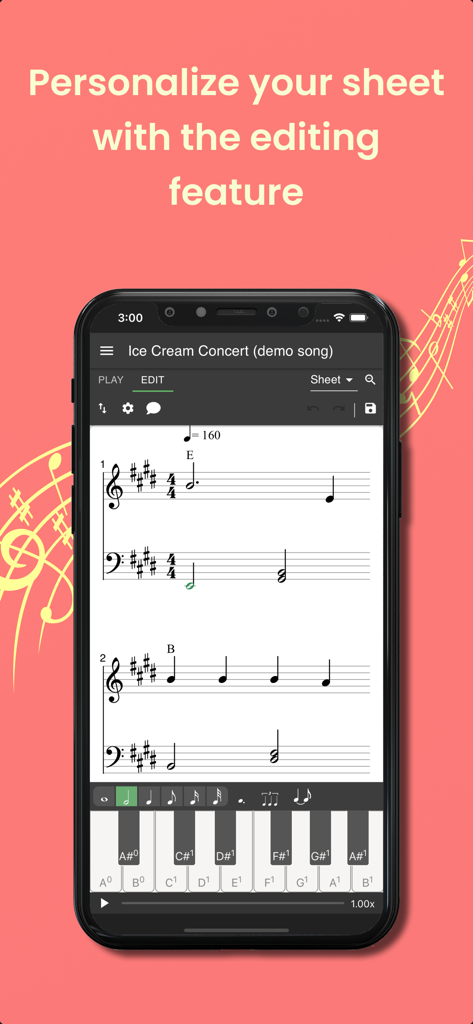 Melody Scanner - Melody Scanner app showing the sheet music editing feature on a smartphone screen