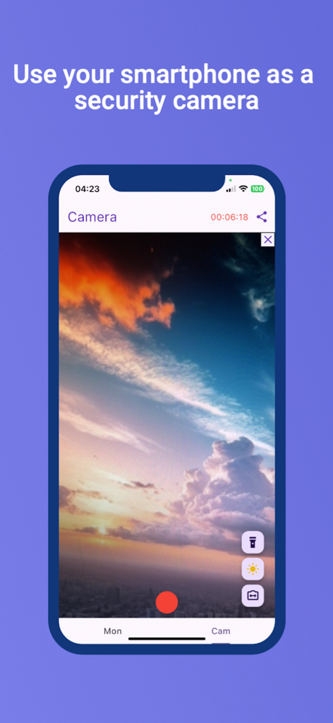 Homesafe: Home Security Camera - Smartphone screen displaying the Homesafe security camera app interface with a sunset view and control icons