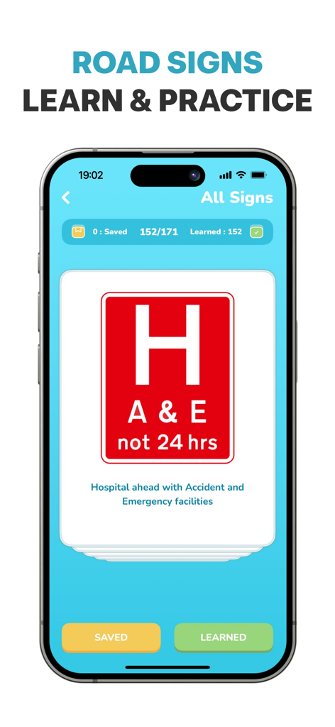 A mobile app screen showing a UK road sign flashcard for hospital accident and emergency facilities as part of a driving theory test kit.