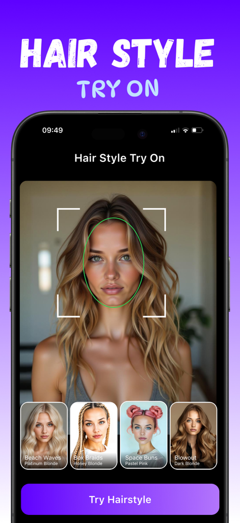 Hairstyle AI - Hair Cut Filter - Mobile app interface showing AI-powered virtual hairstyle try-on with options for beach waves, box braids, space buns, and blowouts.