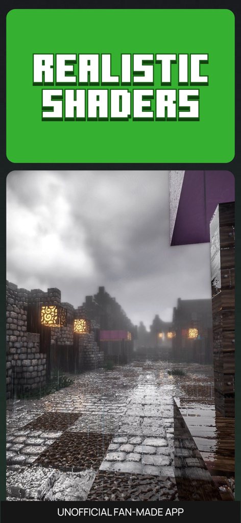 All MCPE Mods for Minecraft - Ein Vergleich, der realistische Shader in Minecraft PE mit hochauflösenden Texturen und Lichteffekten auf einer Kopfsteinpflasterstraße zeigt.