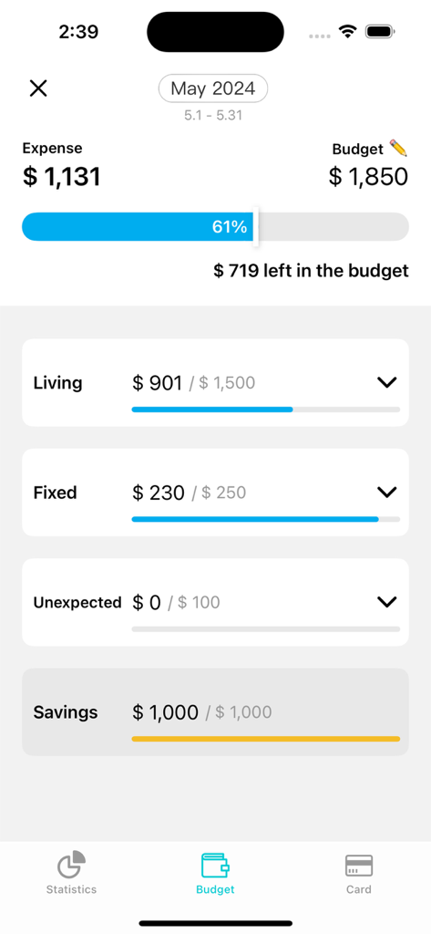 Monthly budget tracking screen in Weple Money Pro app showing expenses and category limits