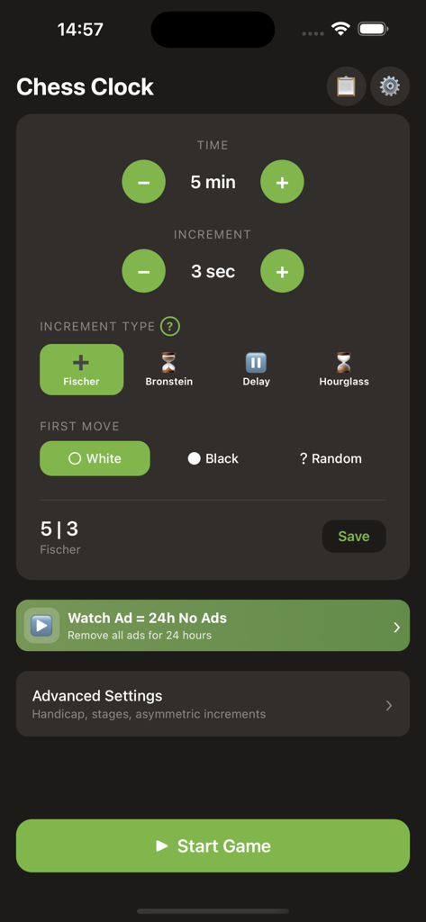 Chess Clock - Game Timer - Schermata delle impostazioni dell'app Scacchiera che mostra le opzioni per il tempo di gioco e i tipi di incremento