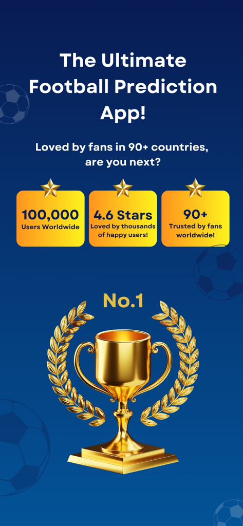 Tela promocional do aplicativo Betting Tips AI Predictions mostrando um troféu dourado com classificação de 4,6 estrelas e 100.000 usuários no mundo.