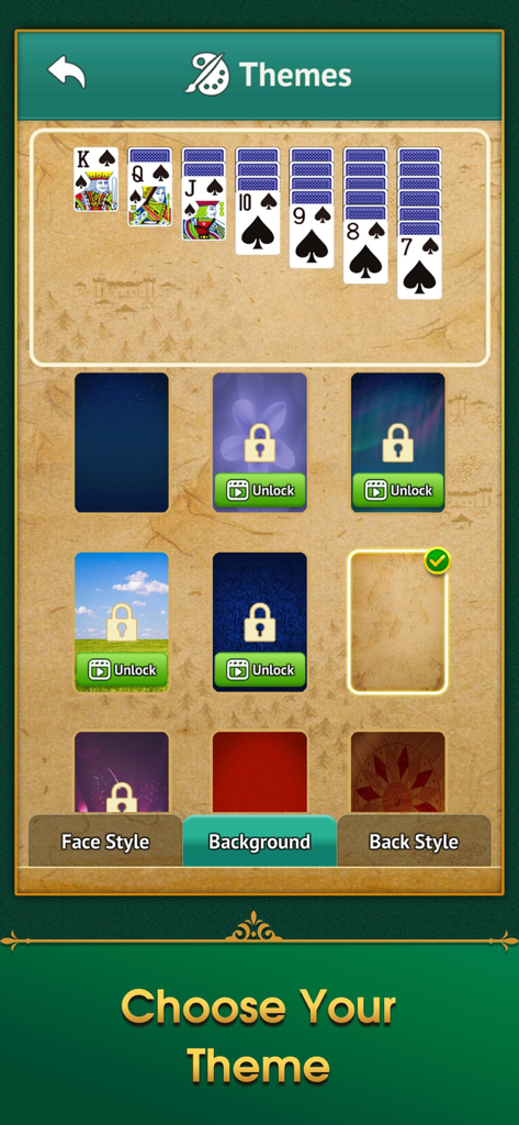 Solitaire MasterCell customization menu showing various card and background themes