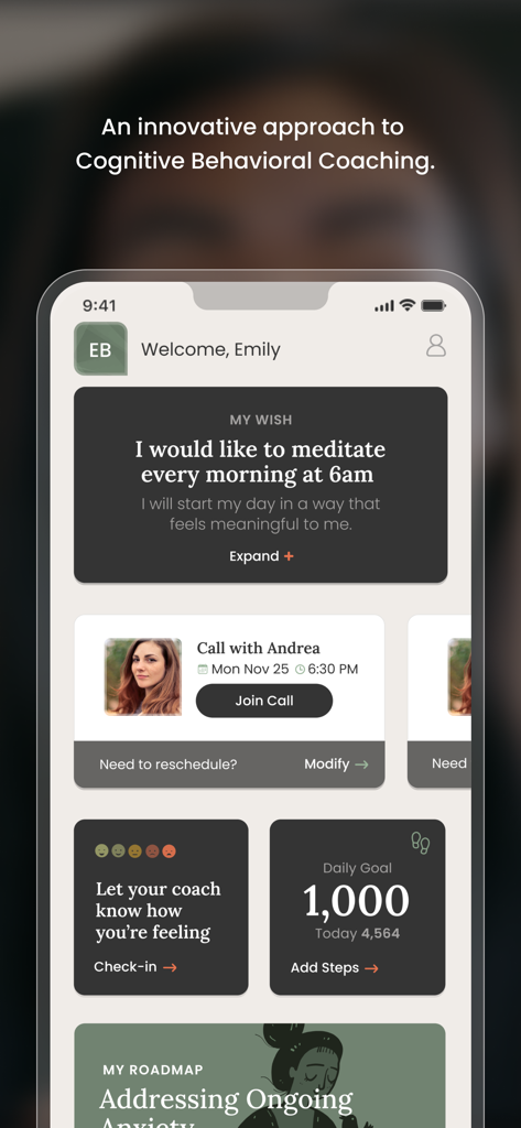Noble. - Noble app interface showing a user dashboard with habit goals, a scheduled coaching call, and a mood tracking feature.