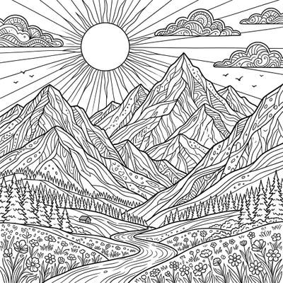 Immerse yourself in the tranquility of a summer mountain landscape with this beautifully detailed adult coloring page. Featuring majestic peaks, a winding river, and blooming wildflowers, it's perfect for a relaxing creative escape.