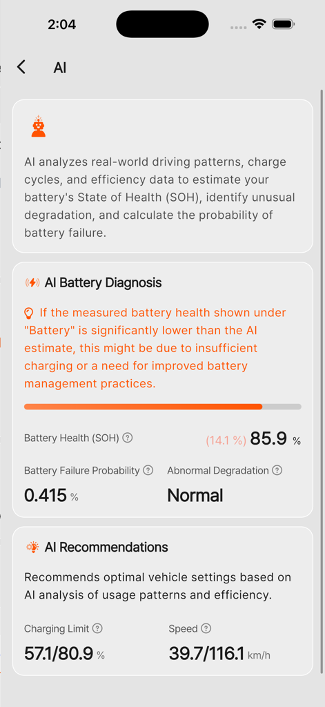 Dr.EV - Panel de control de la aplicación Dr.EV que muestra el estado de salud de la batería Tesla y diagnósticos de IA