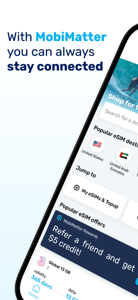 MobiMatter: eSIM Marketplace - Interfaz de la aplicación móvil MobiMatter que muestra destinos de eSIM internacionales y planes de datos