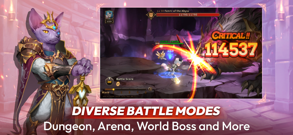 フェンリルという名前のボスを攻撃するキャラクターと共に、ダンジョンやワールドボスなどの多様なゲームモードを示すNine Chronicles Mの戦闘シーン