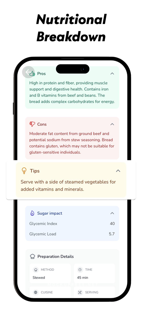 NutriGuide: AI calorie counter - Interfaz de la aplicación NutriGuide mostrando un desglose nutricional detallado con pros y contras de los alimentos e impacto del azúcar