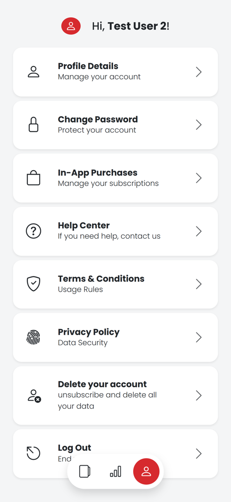 The user settings screen of the CFAT Practice Test app featuring account management options like profile details, password change, and subscription management.