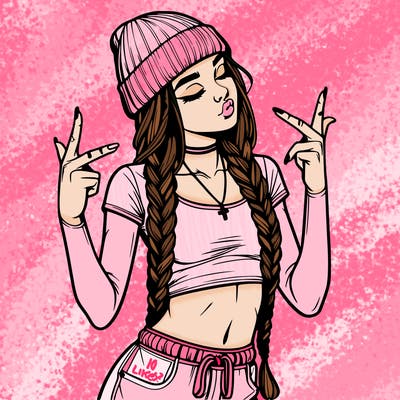 realistic teenage girl with braids and a beanie and crop top doing 🫶🏼