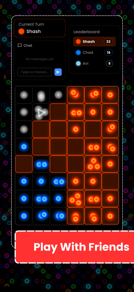 Chain Reaction(Online) - Chain Reaction Online board game interface showing a leaderboard chat and strategic gameplay