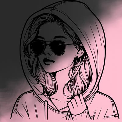realistic teenage girl, wearing a hoodie and sunglasses