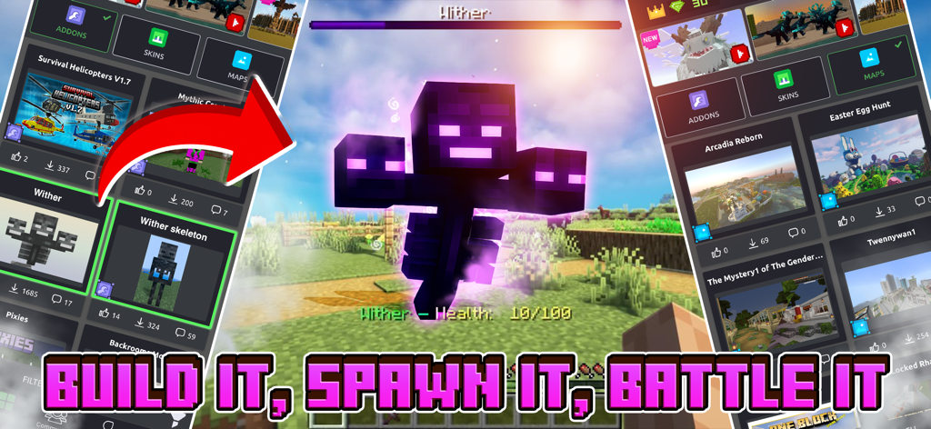 Crafty Craft for Minecraft PE - Crafty Craft app interface for Minecraft PE showing a custom Wither mob and creation tools