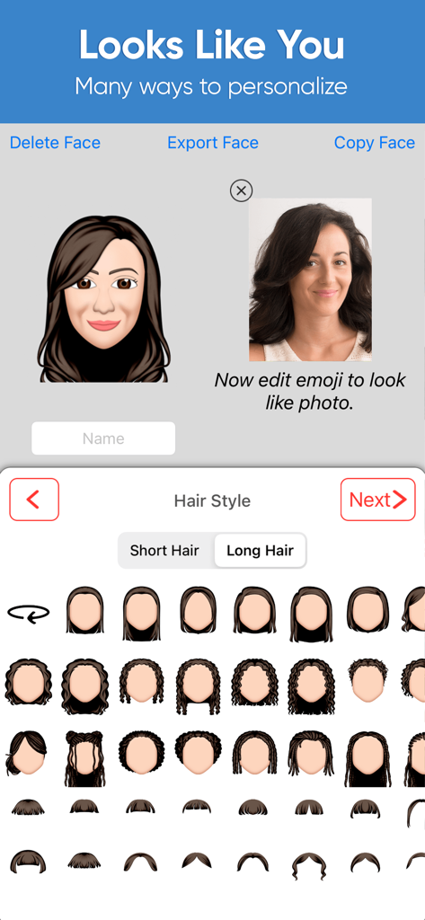 L'application Emoji Me montrant la personnalisation de la coiffure de l'avatar pour correspondre à une photo