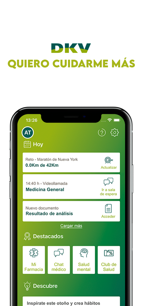 DKV Quiero cuidarme Más - Smartphone screen showing the DKV health app dashboard with medical appointments and health challenges