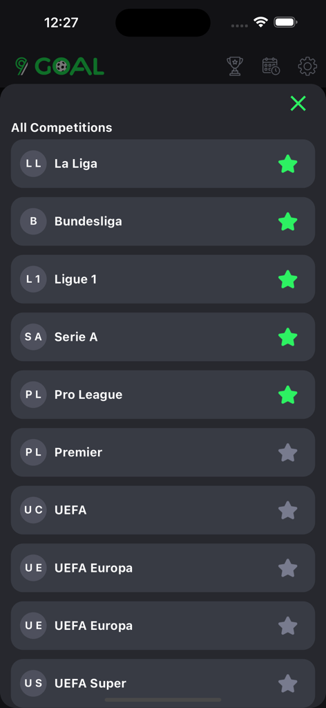 9Goal Footballアプリのサッカー大会リスト。様々な国際リーグを表示