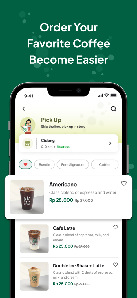 Fore Coffee - Fore Coffeeモバイルアプリのインターフェースに、コーヒーメニューと受取注文オプションが表示されています
