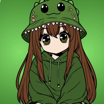 girl with anime shaped eyes with a dinosaur bucket hat oversized sweatshirt long straight hair