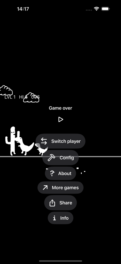 Tela de fim de jogo minimalista para Cactus Run com menu retrô e gráficos de dinossauro em modo escuro.