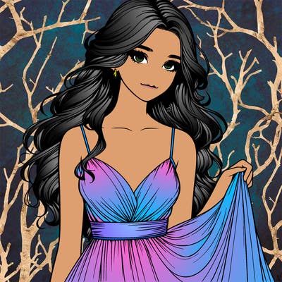 realistic girl in flowy silky prom dress