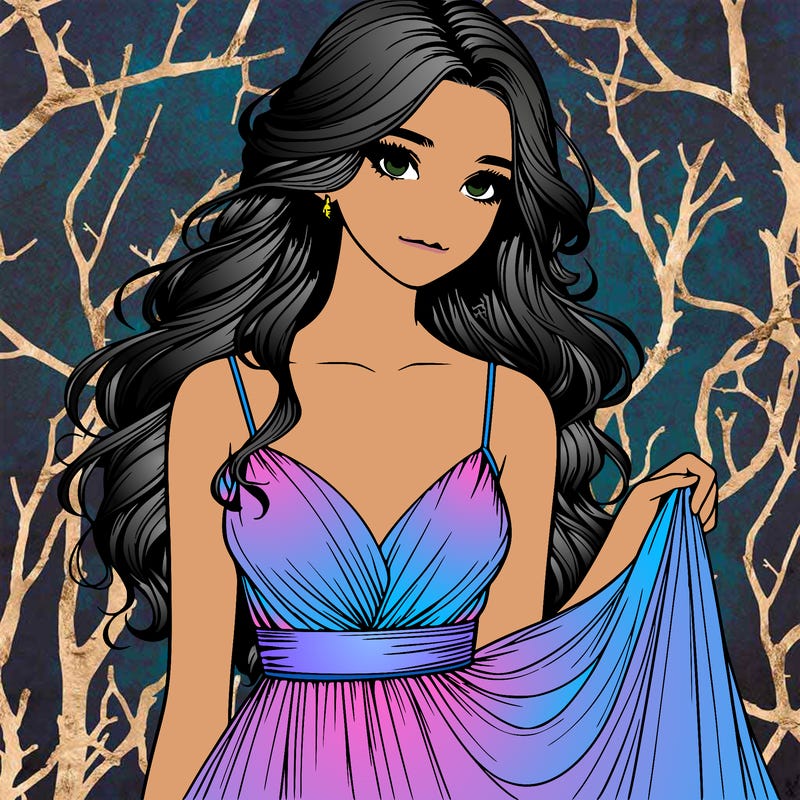 realistic girl in flowy silky prom dress