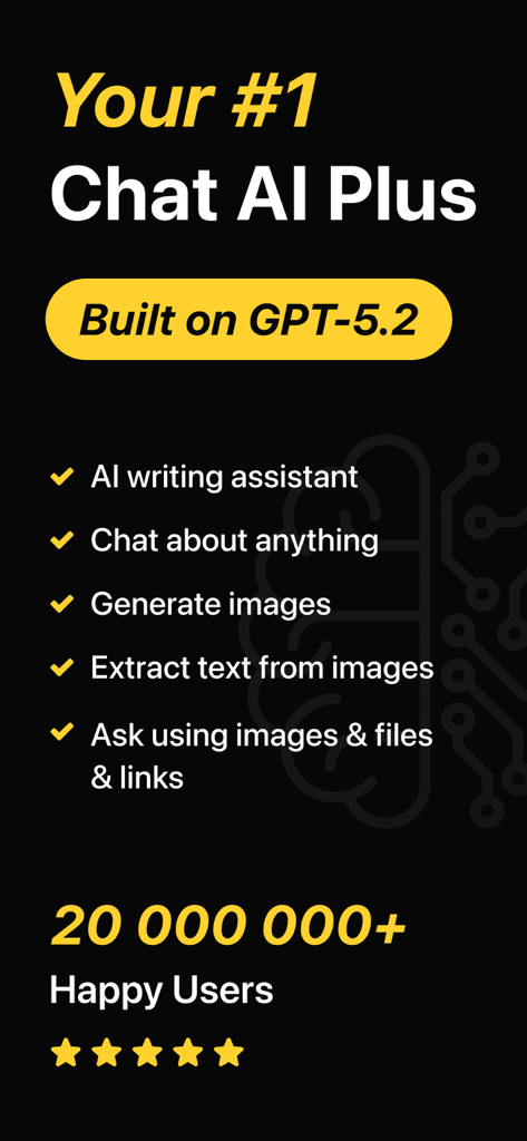 Chat AI Plus - Descripción general de la aplicación Chat AI Plus que muestra funciones como el generador de imágenes del asistente de escritura IA y el modelo GPT 5.2