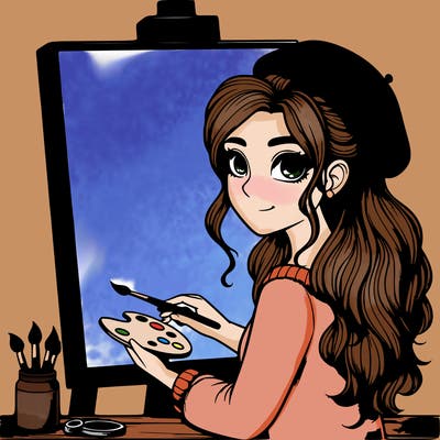 realistic girl artist painting a blank canvas