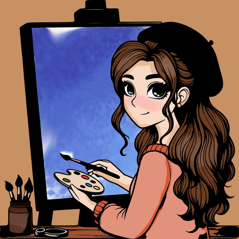 realistic girl artist painting a blank canvas