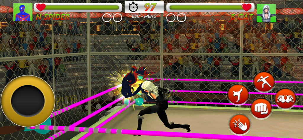 Spider Hero Fighting Games - A spider hero character fights an opponent in a ring with on-screen game controls.