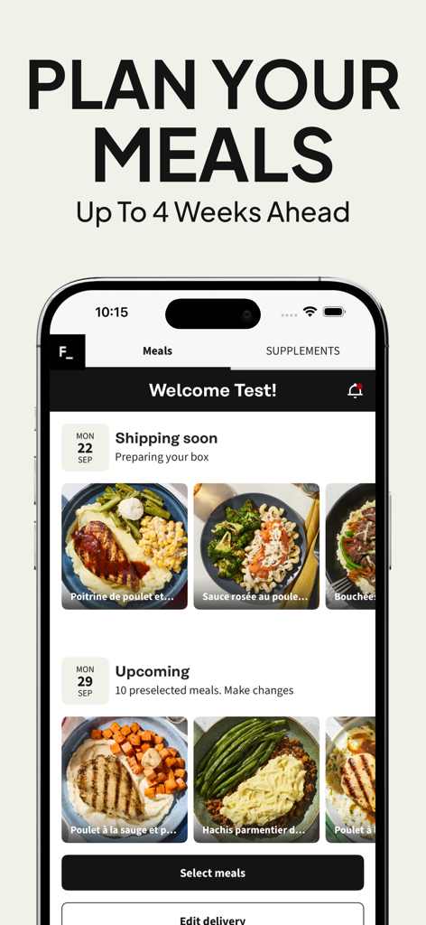 Factor app interface for planning weekly meal deliveries up to four weeks in advance.