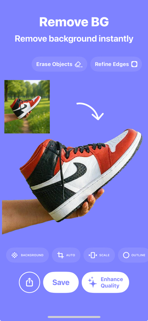 Remove BG Object Eraser - Snip - Snip app interface showing instant background removal of a sneaker for e-commerce listings