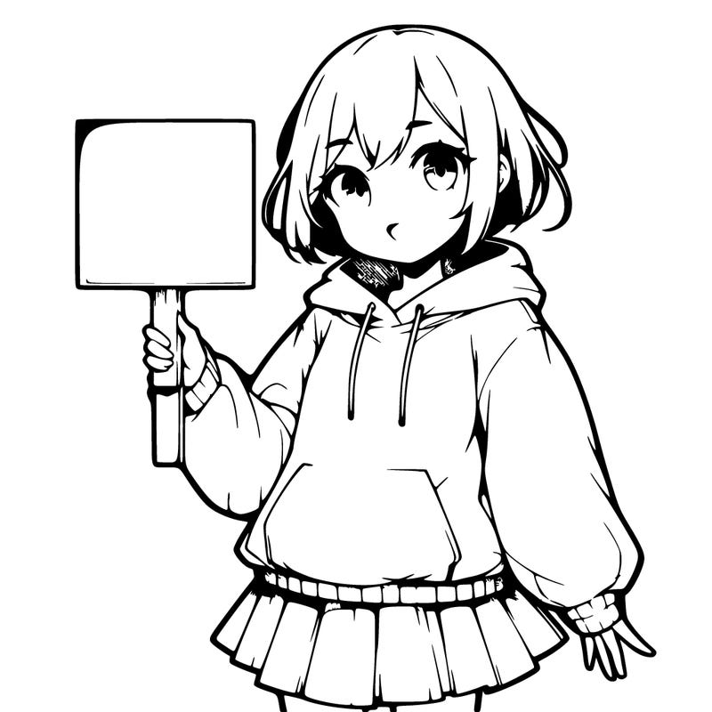 a teenage anime girl with a bubble top and hoodie on holding a blank sign, short hair, short skirt, grin