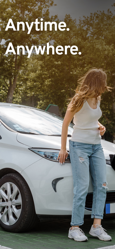 ladeapp – EV charging stations - A woman leaning against a white electric car with the text Anytime Anywhere