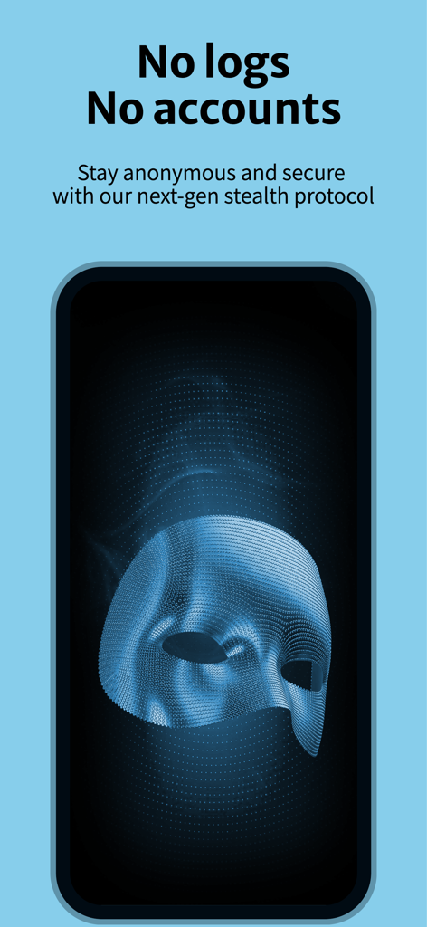Pantalla de Astra VPN con mensajes de 'sin registros' y 'sin cuentas', con un gráfico de máscara digital sigilosa