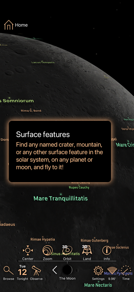 Luminos Pro - Luminos Pro天文学アプリで、ラベル付きのクレーターと平野を持つ月の表面の詳細な3Dビュー