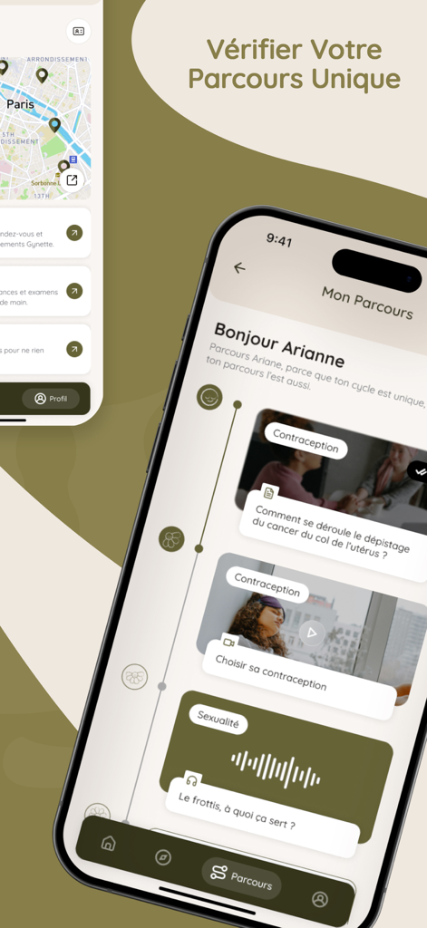 Gynette - Gynette app interface showing a map of medical providers and a personalized health timeline with educational content on contraception and sexuality