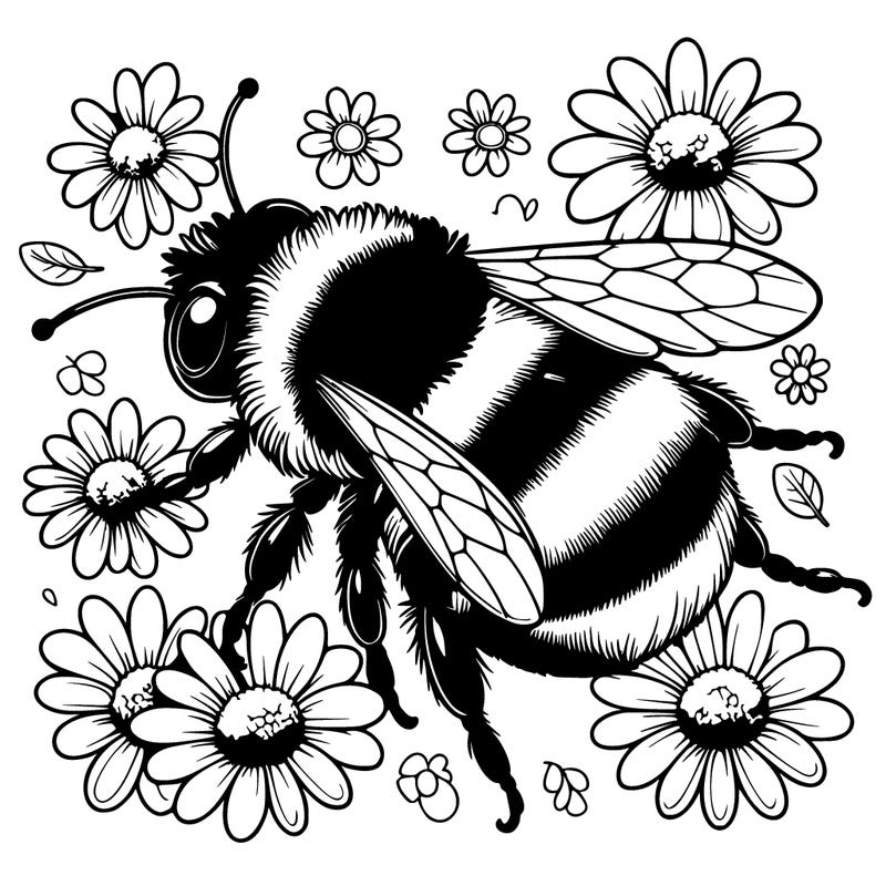 realistic bumble bee with cute daisies around it