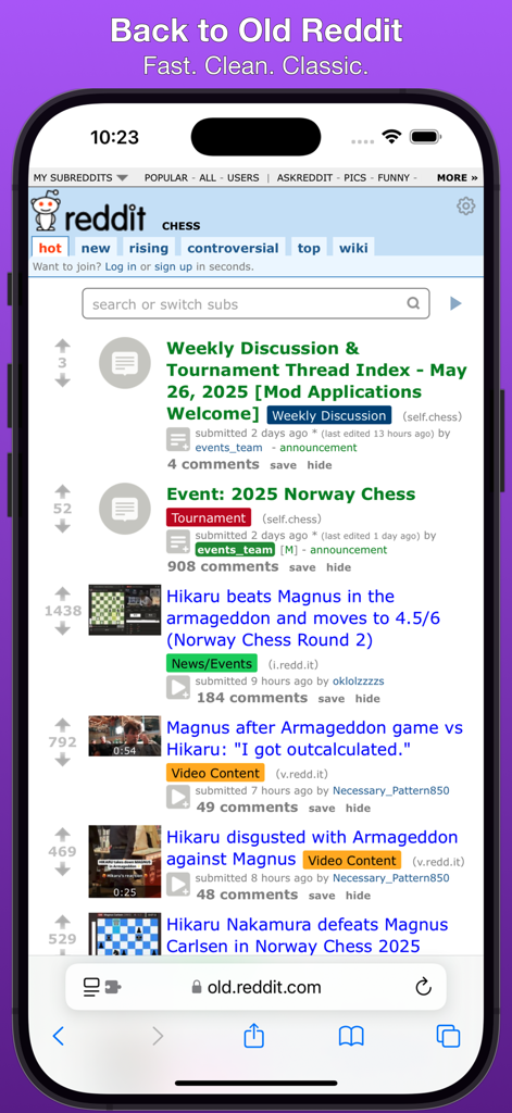 Yesterday For Old Reddit - Screenshot of the classic Reddit interface optimized for mobile Safari using the Yesterday extension