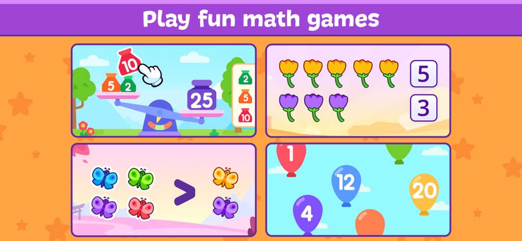 Vier farbenfrohe pädagogische Minispiele für Kinder, die Blumen zählen, Gläser wiegen, Schmetterlingsgruppen vergleichen und Zahlen auf Ballons identifizieren.