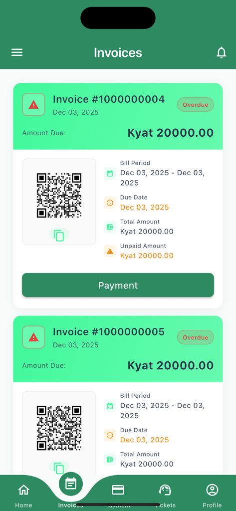 MaxxB - MaxxB app interface showing the Invoices screen with overdue bills and payment buttons