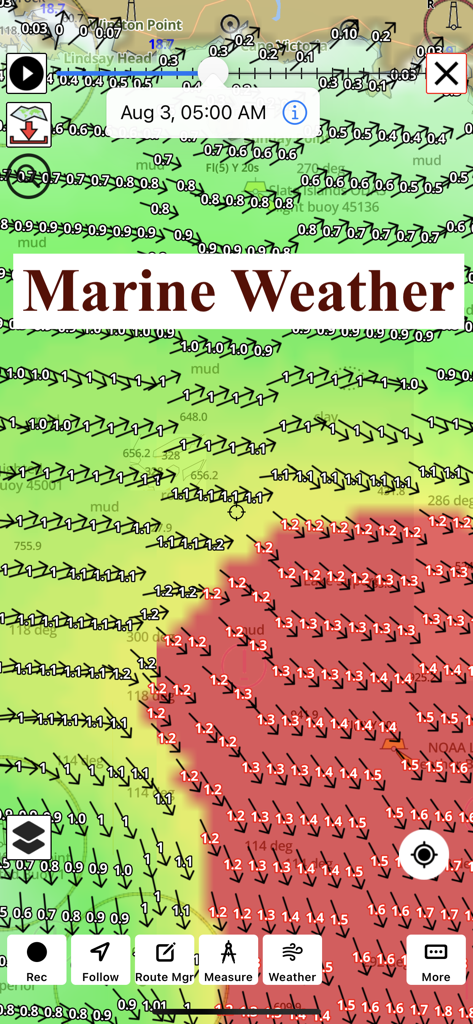 A screenshot of the i-Boating app displaying a marine weather forecast map with wind speed and direction data