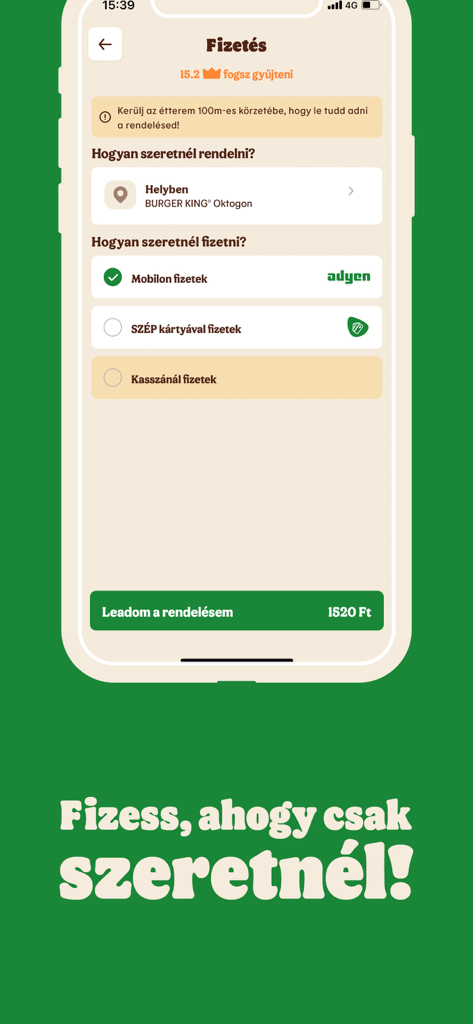 Burger King Ungarn App-Kassenbildschirm mit Optionen für mobile Zahlungen und SZÉP-Karte.
