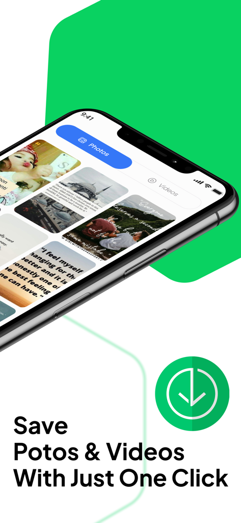 An iPhone displaying the Status Saver app gallery with a one-click download button for photos and videos