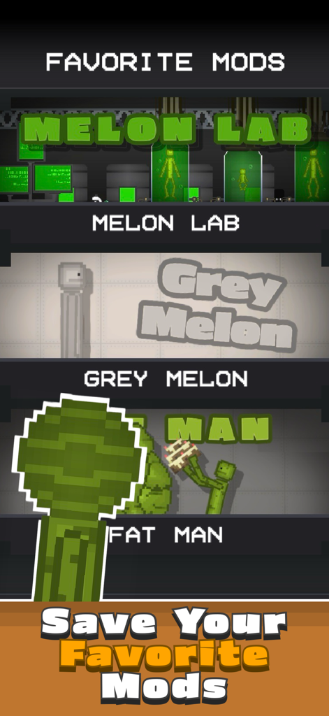 FruitMod: Melon Ragdoll Mods - Una schermata all'interno dell'app FruitMod che mostra una raccolta di mod preferite tra cui Melon Lab, Grey Melon e Fat Man.